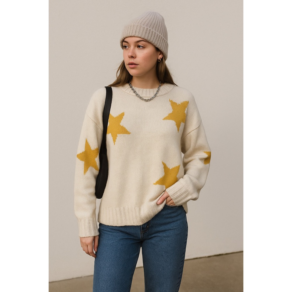 Oversized White and Yellow Star Mock Neck Sweater Size M Cozycore‎ Streetwear